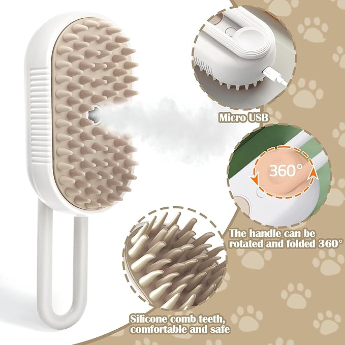 Cat Steam Brush - 5 In1 Grooming Kit for Cats and Dogs Silicone Massage Tool - Stainless Steel Nail Scissors - Hair Detangling Comb - Water Spray Rechargeable Shedding Wash-Free Essence (White)-Mewly Pet