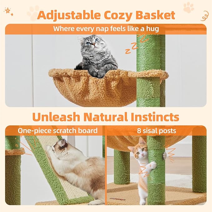 Taoqimiao Cactus Cat Tree, 57.5-Inch Cat Tower for Indoor Cats Large Adult, Extra Large Cat Condo, 8 Sisal Scratching Posts, Metal Frame Cozy Hammock, Durable Scratch Board, 2 Top Perches, MSC026-Mewly Pet
