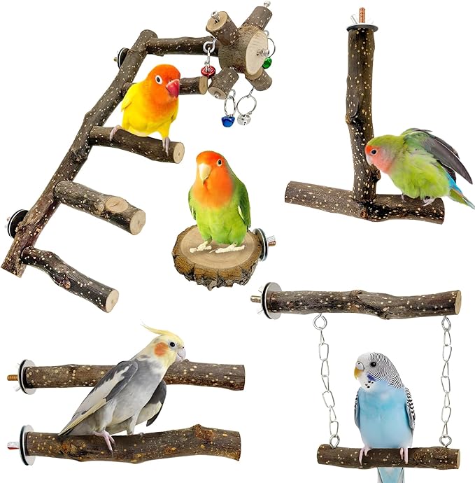 BNOSDM Natural Wood Bird Ladder Perch 6Pcs Parrot Stand Branches Climbing Chewing Stick Parakeet Swing Toys Cage Accessories Paw Grinding Fork Sets for Lovebirds Cockatiels Conure Budgies-Mewly Pet