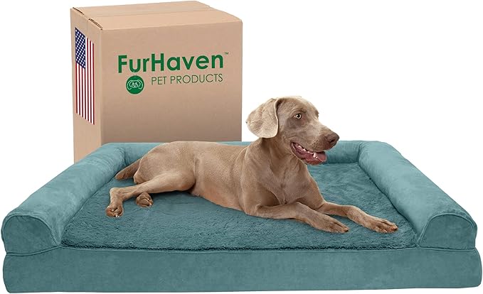 Furhaven Cooling Gel Dog Bed for Large Dogs w/ Removable Bolsters & Washable Cover, For Dogs Up to 125 lbs - Plush & Suede Sofa - Deep Pool, Jumbo Plus/XXL-Mewly Pet