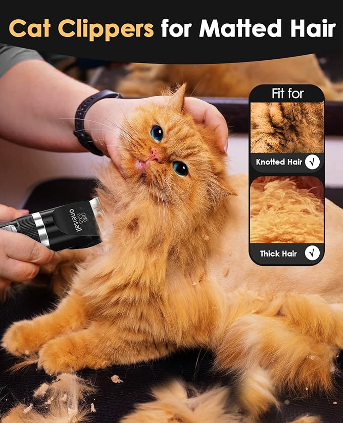 oneisall Quiet Cat Clippers for Matted & Long Hair, 2-Speed Cordless Pet Shaver Grooming Kit for Cats, Small Dogs & Animals (Black)-Mewly Pet