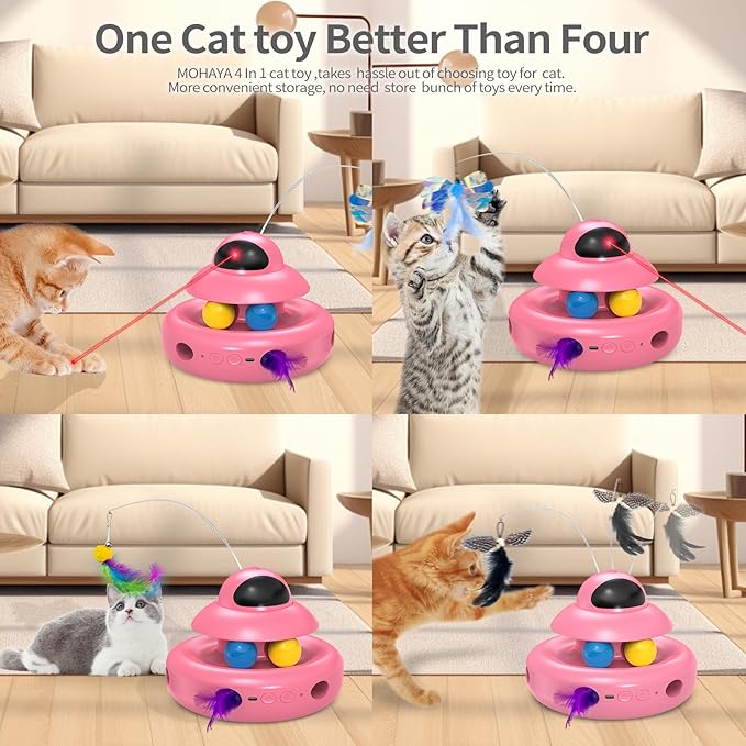 Automatic Cat Toys,4-in-1 InteractiveCat Toys for Bored Indoor Adult Cats, Electric Flying Butterfly,Rechargeable Moving Ambush Feather,Pink Kitter Toy Track Balls-Mewly Pet
