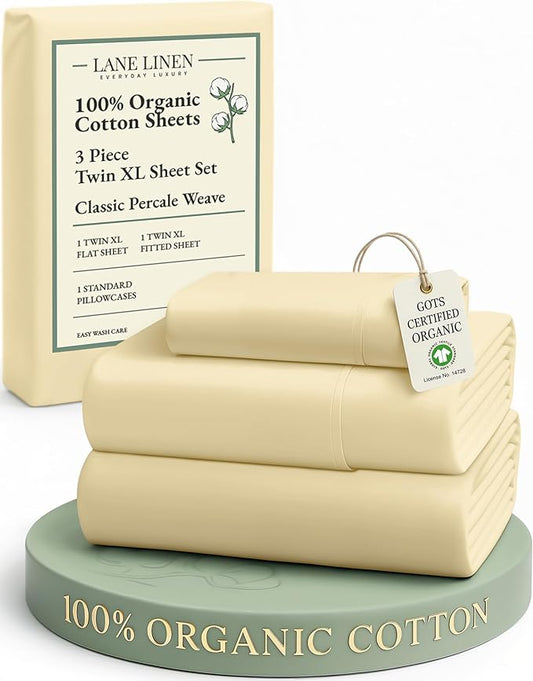 LANE LINEN 100% Organic Cotton Sustainably Produced Twin XL Bed Sheets, Mercerized Fully Elasticized Percale Perfect for Hospital Bed & Dorm Room, Reinforced Seams Twin XL Sheets-Vanilla