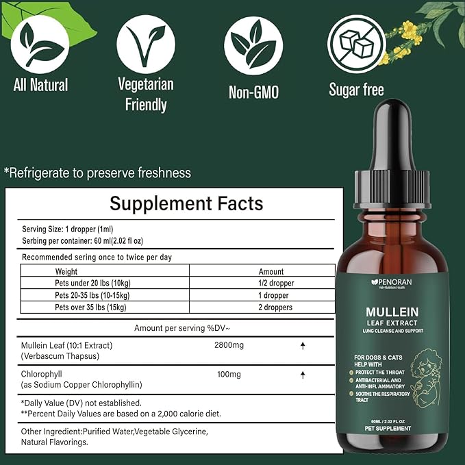 Pet Mullein Leaf Extract Drops for Dogs & Cats Hoarseness, Cough, Easy Breathing, Lung Cleanse and Support, Better Lungs, Soothes Throat Discomfort - ﻿100% Natural and Efficient ﻿ ﻿-Mewly Pet
