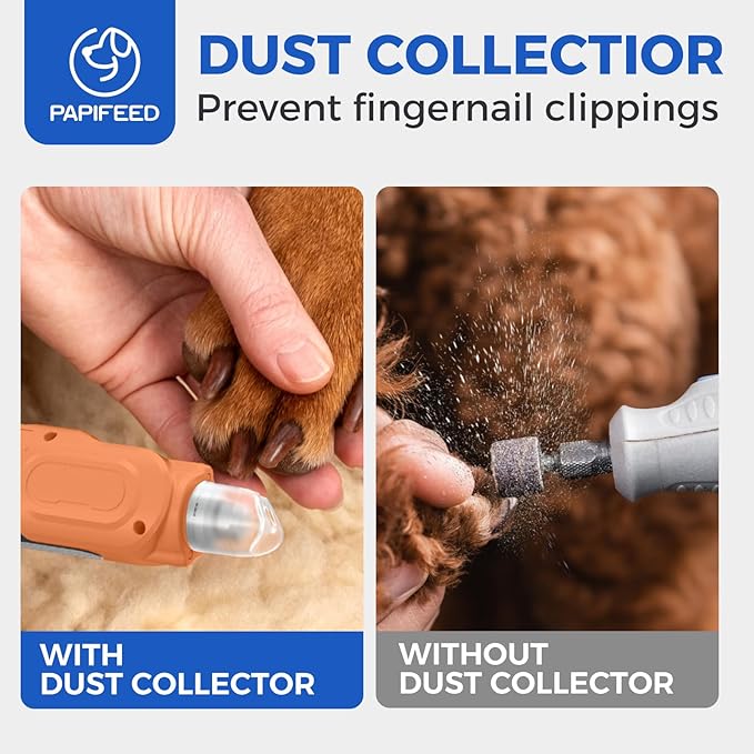 PAPIFEED High Torque Dog Nail Grinder Quiet - 6-Speed Adjustable Pet Nail Trimmer with 2 LED Lights & Dust-Proof Cover, Powerful Motor for Large/Medium/Small Dogs & Cats, Rechargeable - Orange Kit-Mewly Pet