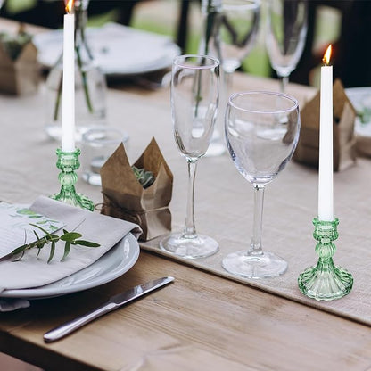 Suclain 24 Pcs Glass Taper Candle Holder Sets 12 Candlestick Holder with 12 White Long Candles for Wedding Party Decor Dinner Decoration(Green)