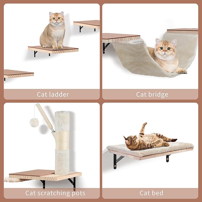 Wall Mounted Cat Climber Set, Cat Wall Shelves,Cat Wall Furniture Set,with Hammock,Jumping Boards,Sofa,Steps,Scratching Post,Hanging Ball and Felt Pads, Suit for Cats Climb, Jump,Scratch-Beige-Mewly Pet