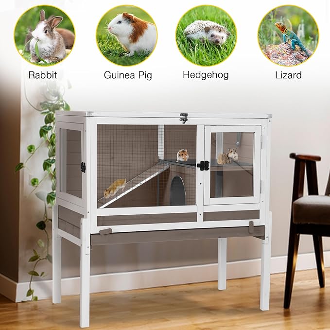 Aivituvin Wooden Guinea Pig Cages Indoor with Removable Stand, Anti Chewing Rabbit Hutch with Ramp and Wire Mesh, 2 Story Small Animals House Habitat with Pull Out Tray (Brown)-Mewly Pet