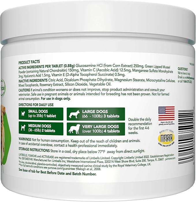 Yumove Hip & Joint Supplement for Dogs with Glucosamine, Hyaluronic Acid, Green Lipped Mussel & Omega 3 Joint Supplement - Regular and Advanced Strength (300ct, Chewable Tablets)-Mewly Pet