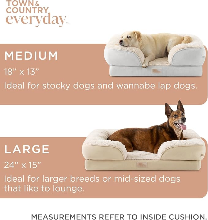 TOWN & COUNTRY EVERYDAY CuddleTown Comfy Solid Bolster Sofa Pet Bed, Supportive & Calming Egg Crate Foam, Non-Slip Bottom, Machine Washable Cover, Cream, Medium 28"x23"x8"-Mewly Pet
