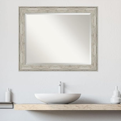 Amanti Art Silver Bathroom Mirror for Over Sink, 27x33 Crackled Metallic Rectangle Vanity Mirror, Large Country Rustic Frame, Hangs Horizonally and Vertically, Bathroom Wall Decor, Beveled Edge