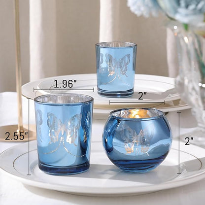 Blue 12 PCS Combination Tea Lights Candle Holder Decorative with Butterfly Pattern, Votive Candle Holders for Wedding, Birthday, Anniversary, Parties, and Holiday Decorations