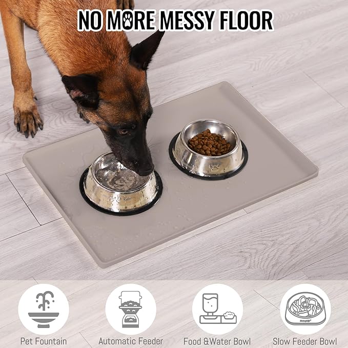 MateeyLife Dog & Cat Food Water Mat for Floors Waterproof, Nonslip Pets Bowl Feeding Mats with Raised Edges, Silicone Matt Tray for Messy Drinkers, 24"x16", Taupe-Mewly Pet