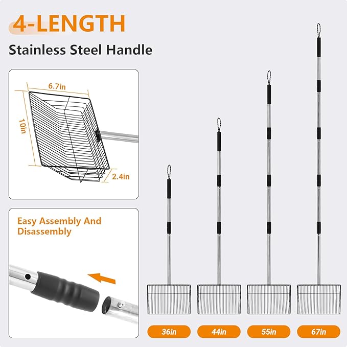 10inch Large Chicken Poop Scooper,36 to 67" Adjustable Long Chicken Coop Litter Metal Scoop with Stainless Steel Handle,5-in-1 Detachable Poop Shovel for Sand,Pet,Chicken,Cat Cleaning Tools.-Mewly Pet