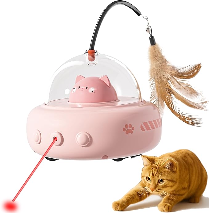 hooroor 2-in-1 UFO Laser Cat Toy – Automatic Motion with Feather, Rechargeable Smart Sensor Interactive Toy for Indoor Cats & Dogs, Fun Exercise & Play, Perfect Pet Gift-Mewly Pet