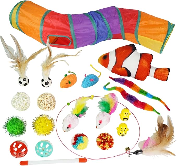 21-Piece Cat Toys Set, Interactive Tunnel, Balls, Mice, Feather Wands, Catnip Toys(Rainbow Cat Tunnel)-Mewly Pet