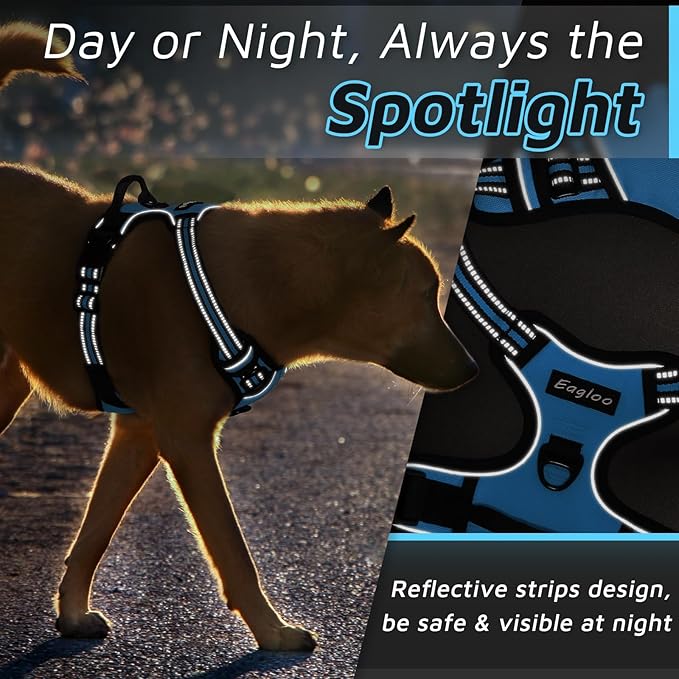 Eagloo Dog Harness Medium Sized Dog, No Pull Service Vest with Reflective Strips and Control Handle, Adjustable and Comfortable for Easy Walking, No Choke Pet Harness with 2 Metal Rings, Sky Blue, M-Mewly Pet