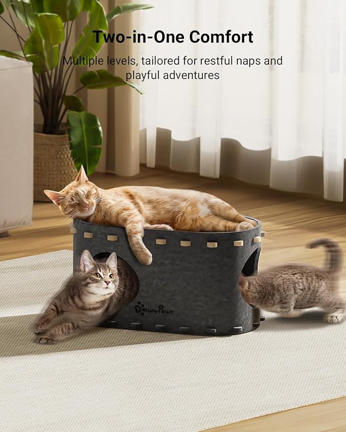 DownyPaws Cat House for Indoor Cats, Cat Bed Cave for Multiple & Large Cats Up to 22 Lbs, Scratch Resistant Peekaboo Cat Caves, Foldable Tunnel Enclosed Bed, PeekaPurr, Sesame Gray-Mewly Pet