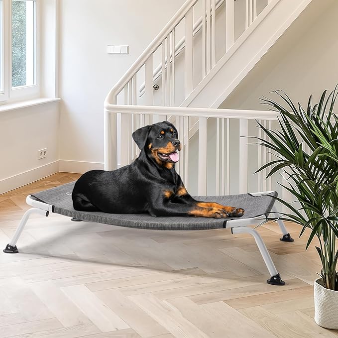 Veehoo Elevated Dog Bed for Outdoor, Cooling Waterproof Raised Dog Cots Beds XL, Curved Off Ground Pet Hammock Cot Lifted for Outside, up to 150lbs, White Legs, Black Silver 49"-Mewly Pet