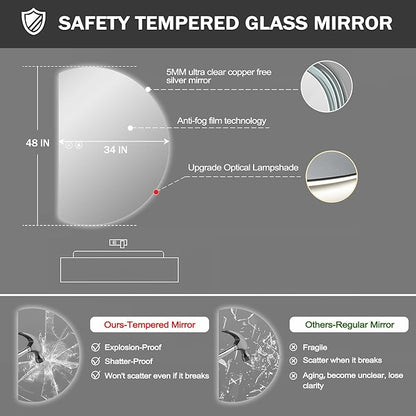 48"×34" LED Bathroom Mirror with Lights, Large Lighted Half Circle Bathroom Mirror-with Backlit, 3 Colors, Dimmable, Anti Fog, Shatter-Proof Modern Decor Vanity Mirrors
