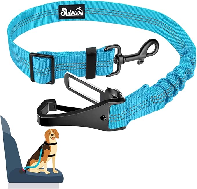 SlowTon Dog Seat Belt, Adjustable Dog Safety Belt Leash, 2 in 1 Latch Bar Attachment Dogs Car Seatbelt with Elastic Nylon Bungee Buffer, Reflective Nylon Belt Tether (TB,35.5in)-Mewly Pet