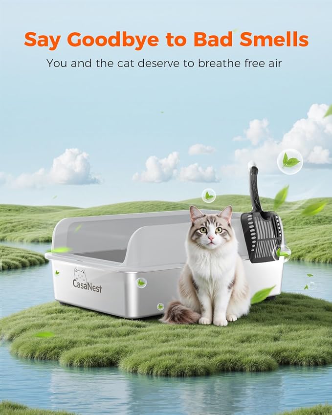 XXXL Stainless Steel Cat Litter Box 28.1''×20.5'' × 10.1” Extra Large Metal Cat Litter Box for Big, Multi Cats, Anti-Leakage & Non-Stick Metal Pan, Easy to Clean, Durable (Light Grey-Mewly Pet