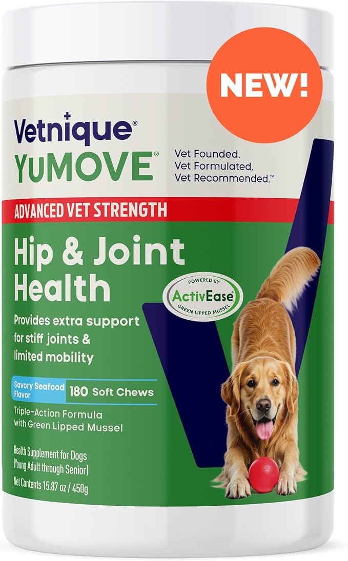 Yumove Hip & Joint Supplement for Dogs with Glucosamine, Hyaluronic Acid, Green Lipped Mussel & Omega 3 Joint Supplement - Regular or Advanced Strength (180ct, Advanced Vet Strength Soft Chews)-Mewly Pet