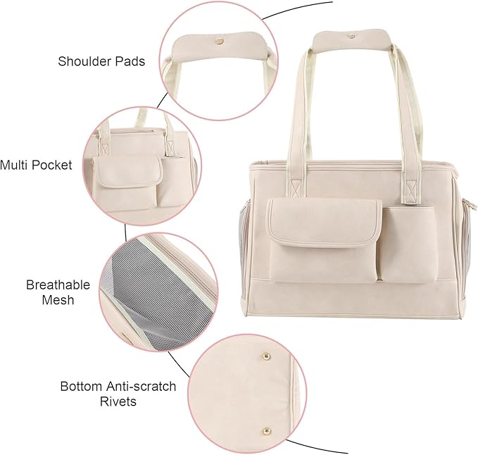 Dog Carrier Purse, Fashion Leather Pet Carrier Bag, Airline Approved Soft Sided Cat Travel Tote Bag with Pockets White-Mewly Pet