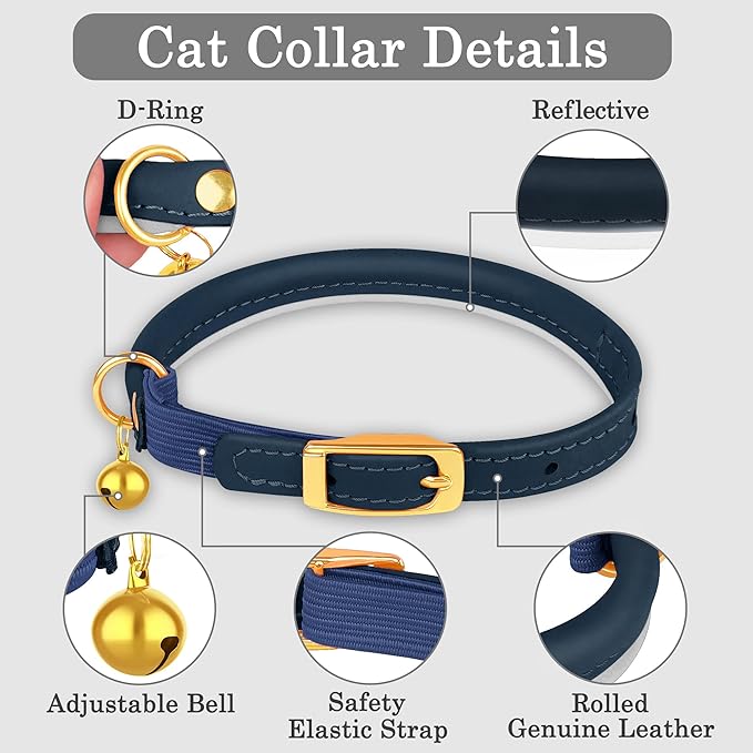 OOPSDOGGY Rolled Leather Cat Collar with Bell - Reflective Kitten Collar with Safety Elastic Strap - Adjustable Small Pet Collars for Boy Girl Cats (Blue)-Mewly Pet