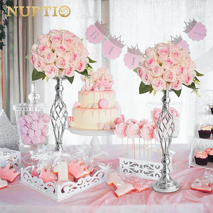Set of 2 Versatile Silver Flower Arrangement Stand & Pillar Candle Holder Set for Wedding Party Dinner Centerpiece Event Restaurant Hotel Decoration (Silver, 2 x M)