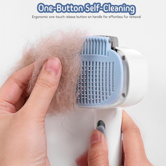 Self Cleaning Slicker Brush, 2-in-1 Cat Brush for Shedding, Skin Friendly Grooming Tool for Long & Medium-Long Hair Pets, Adjustable Bristle Length with Dematting Comb for Cats, Dogs (Blue)-Mewly Pet