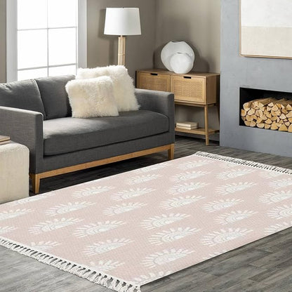 Boho Rug Pink Hand Drawn Rainbows Rising Sun sunScandinavian Chic Area Washable Hallway Runner Mat Minimalist Home Decor for Living Room Bedroom Nursery Playroom Classroom, 4'x6