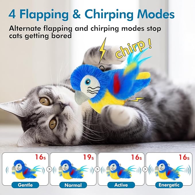 Vannon Cat Toys Flapping Bird(Cannot Fly), Rechargeable Touch Activated Kitten Toy Interactive Cat Exercise Toys with Catnip and Feather for Indoor Cat - Bule-Mewly Pet