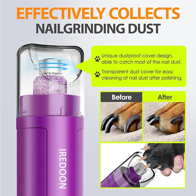 Dog Nail Grinder Upgraded - Professional 3-Speed Super Quiet and Low Vibration Electric Pet Nail Grinder with 4 LED Lights - Painless Paws Grooming & Smoothing for Small to Large Dogs (Purple)-Mewly Pet