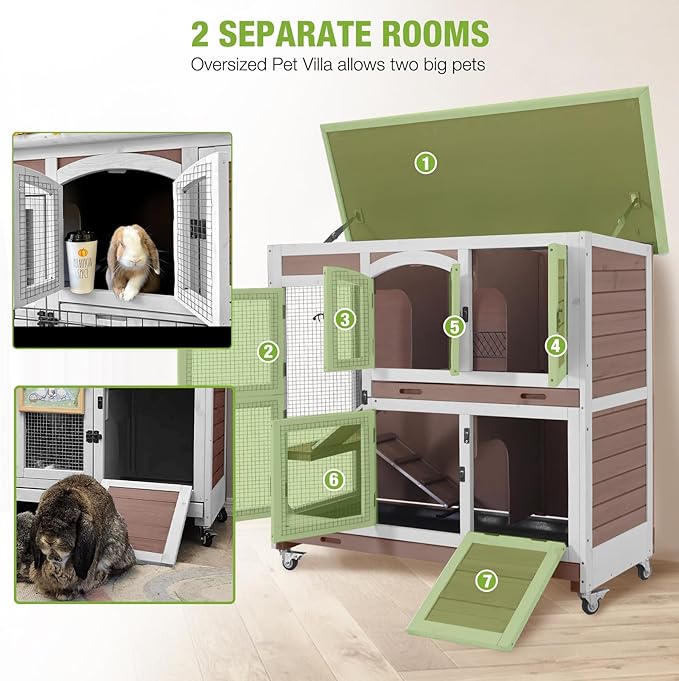 GUTINNEEN Large Rabbit Hutch Wooden Bunny Cage Indoor with Chew-Proof Ramp, 2-Story Guinea Pig Cages with Casters, Pull-Out Trays for Rabbits, Guinea Pigs, 47.2" L x 19.7" W x 42.1" H-Mewly Pet