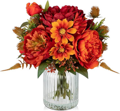 Peony Fake Fall Flowers in Vase Fall Table Centerpiece Faux Floral Arrangements Centerpiece Autumn Artificial Flowers with Vase Fall Flower Centerpieces for Tables Orange Silk Flowers in Vase