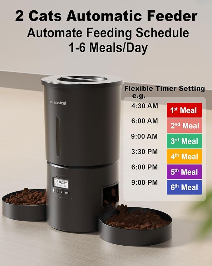 Dual Automatic Cat Feeder 2 Cats,6 Meals/Day,12 Portions/Meal,4.2L Dual Power Double Bowls Feeder,Dry Food Auto Pet Dispenser,10S Voice Record,Flexible Schedule Timer (Black,Basic Dual Bowls)-Mewly Pet