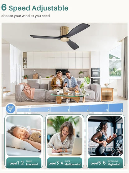 Sofucor 52 Inch Solid Wood Ceiling Fan Without Lights Flush Mount Ceiling Fans with Remote Control-Wood Blades Modern Outdoor Ceiling Fan No Light for Bedroom/Farmhouse/Patio/Indoor, Black Gold