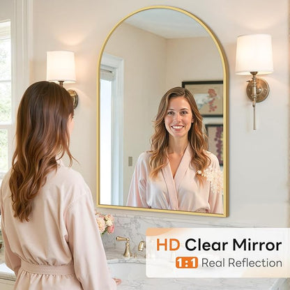 Sweetcrispy Arched Bathroom Mirror 38x26 Inch Gold Metal Framed Arch Vanity Mirror for Wall, Over Sink, Farmhouse, Restroom, Anti-Rust, Modern Decorative, Hanging or Leaning