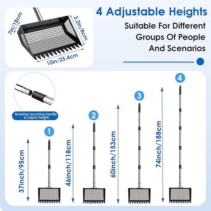 Chicken Poop Scooper & Rake 2-in-1, 32 to 68" Adjustable Stainless Steel Chicken Litter Scoop with Handle and Glove for Chick Coop Sands Multifunctional Litter Sifting Shovel for Hen Animals House-Mewly Pet