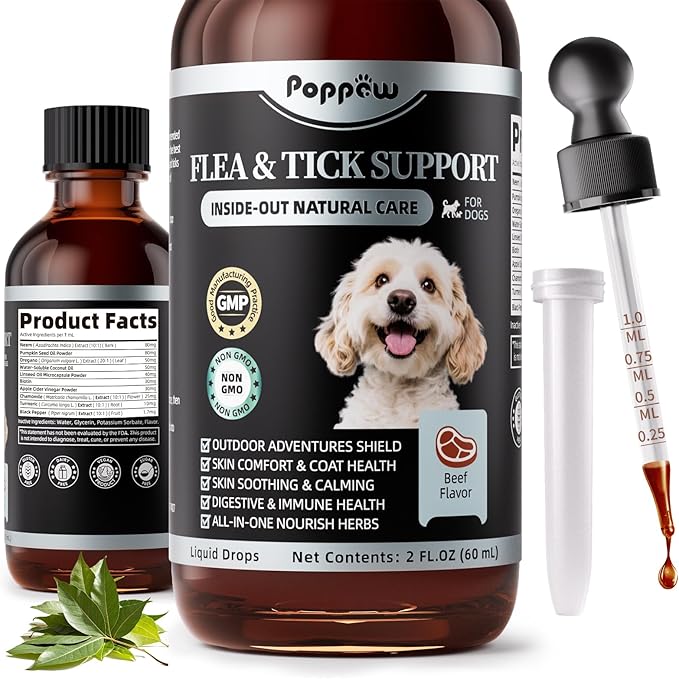 Dog Flea and Tick Support, Natural Herbal Flea & Tick Comfort for Dogs, Flea Liquid Drops Supplement for Dogs with Neem, Oregano, Pumpkin Seed Oil - Beef Flavor, 2 FL.Oz - All Breeds & Sizes-Mewly Pet
