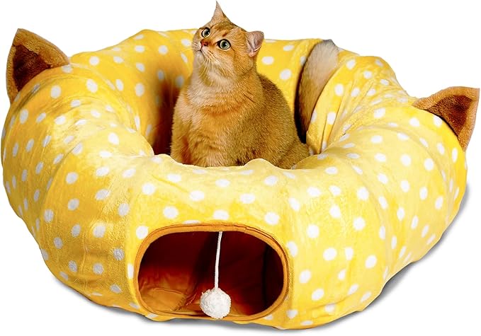AUOON Cute Cat Donut Tunnel - Round Cat Tunnel Bed with Washable Cushion Interactive Cat Toy for Indoor Cats Kitten Kitty Puppy Rabbit Ferret (Yellow)-Mewly Pet