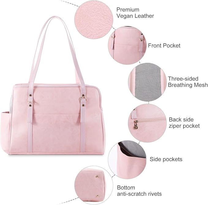 Dog Carrier Purse, Fashion Leather Pet Carrier with Pockets, Airline Approved Soft Sided Dog Carrying Bag for Puppy Cat Dog Pink-Mewly Pet