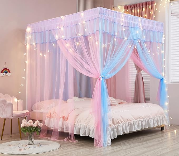 Mengersi Rainbow Canopy Bed Curtains with Lights - Princess Bed Canopy for Girls - Bed Drapes Netting- Bedroom Decoration Accessories,Twin