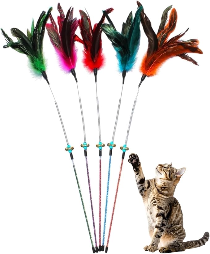 Cat Wand Toy Feather Sticks - 5 Piece Interactive Wands Toy Set with Feathers, Durable Spring Design - Perfect for Engaging Playtime Fun for Kittens and Cats - Cat Toys for Indoor Cats-Mewly Pet