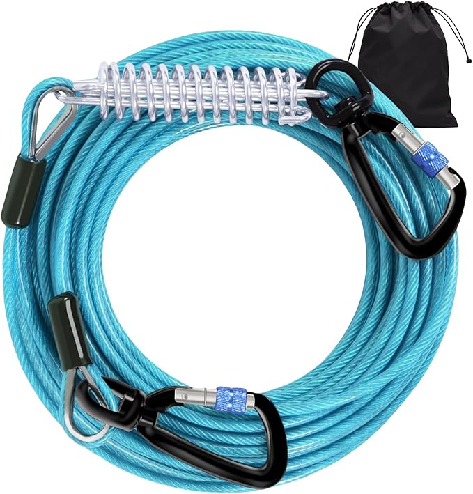 Snagle Paw Dog Leads for Yard 50FT-1000LBS Break Strength,Heavy Duty Tie Out Cable for Dogs with Swivel Lockable Hook & Spring,Chew Proof Dog Chain for Outside,Dog Run Cable for Medium Large Dogs-Mewly Pet