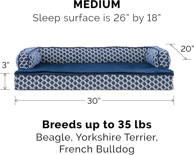 Furhaven Memory Foam Dog Bed for Medium/Small Dogs w/ Removable Bolsters & Washable Cover, For Dogs Up to 35 lbs - Plush & Woven Decor Comfy Couch Sofa - Diamond Blue, Medium-Mewly Pet