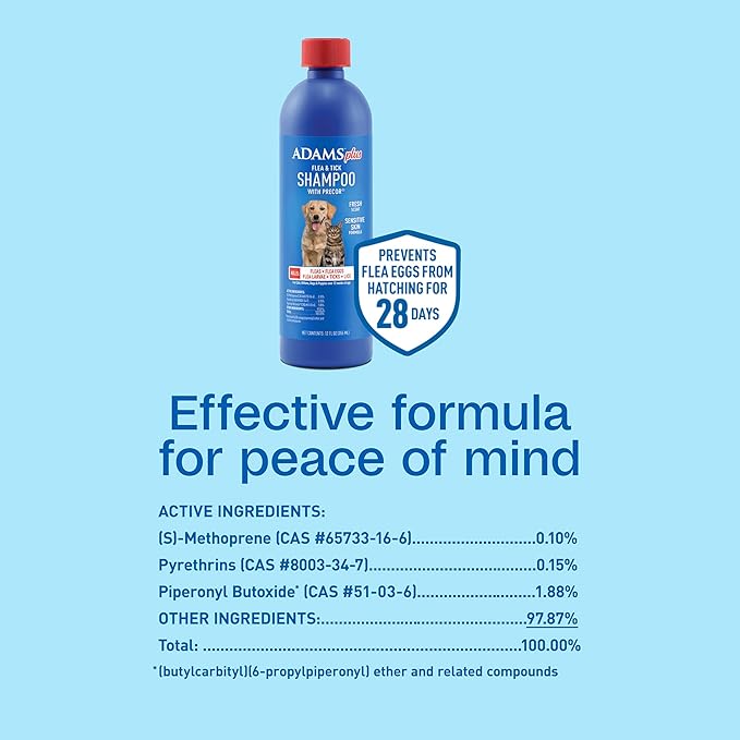 Adams Plus Flea & Tick Shampoo with Precor for Cats, Kittens, Dogs & Puppies Over 12 Weeks Of Age Sensitive Skin Flea Treatment | Kills Adult Fleas, Flea Eggs, Ticks, and Lice| 12 Ounces-Mewly Pet
