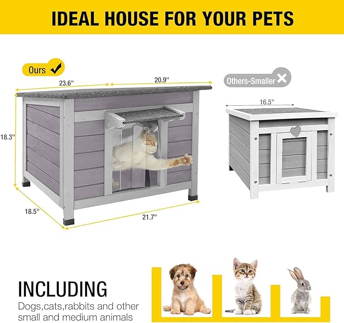 Aivituvin Cat House Waterproof Feral Kitty Shelter Outdoor Indoor Rabbit Hutch for Bunnies,Cats,Dogs and Other Small Animals,Asphalt Roof-Mewly Pet