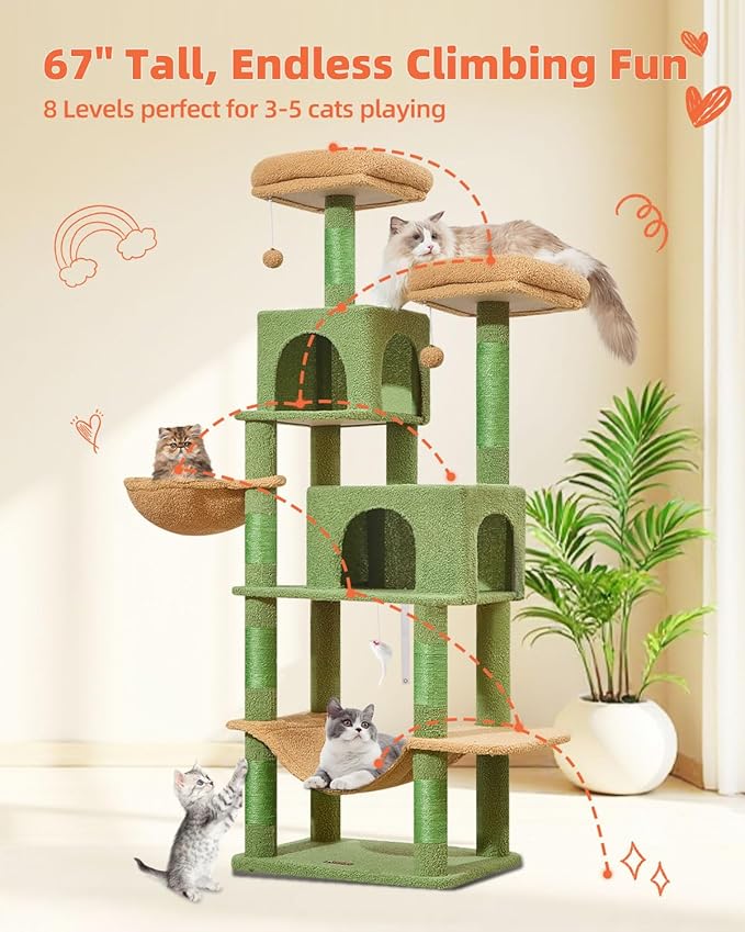 Taoqimiao Cat Tree, 66.2-Inch Cat Tower for Indoor Cats, Plush Multi-Level Cat Condo with 7 Scratching Posts, 2 Perches, 2 Caves, Hammock, 2 Pompoms, MS013T Cactus-Mewly Pet